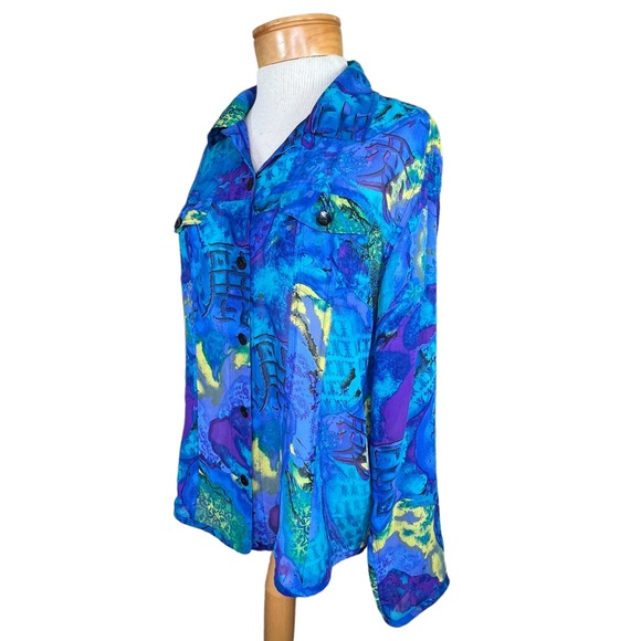 Chico’s Women’s Multi Color Button Front Semi-Sheer Silk Blouse Size 2=XL/16 EUC - Picture 13 of 13